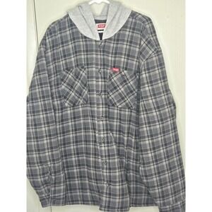 Wrangler Mens 3XL Grey Plaid Quilted Lined Hooded Flannel Shirt Jacket Shacket